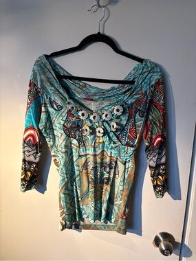 Save The Queen Turquoise Patterned 3/4 Sleeve Top with Necklace